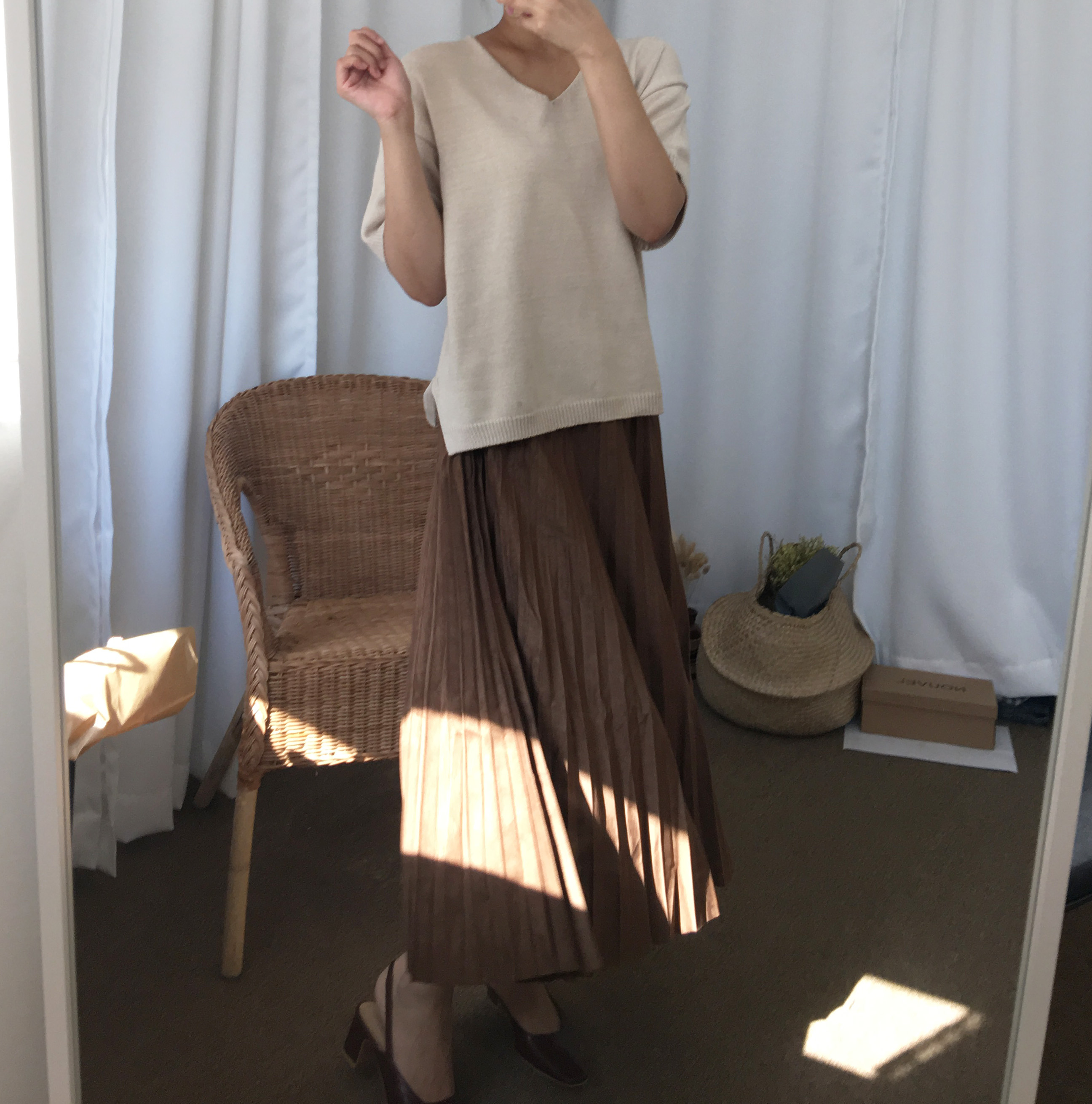 Suede pleated skirt pink, khaki brown, black long 