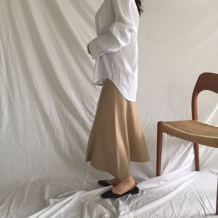 Winter a line knit skirt banding Long Beige Long B