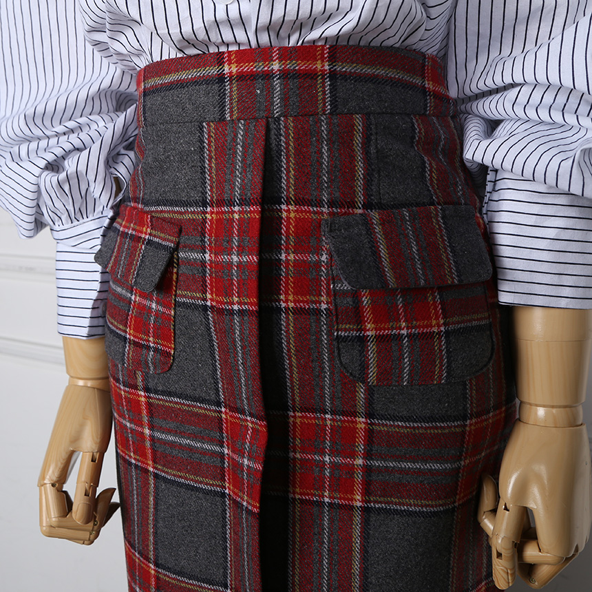 Winter wool check high waist long trunk pocket ski