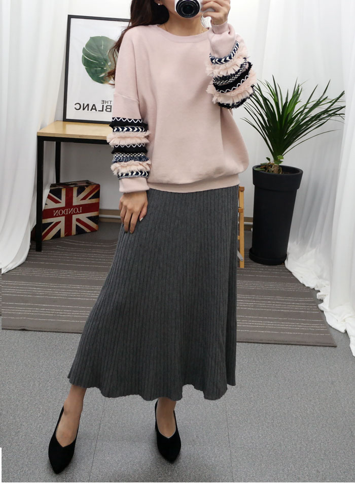 Flare Banding Knit Skirt Wrinkle Unlined Long Skir