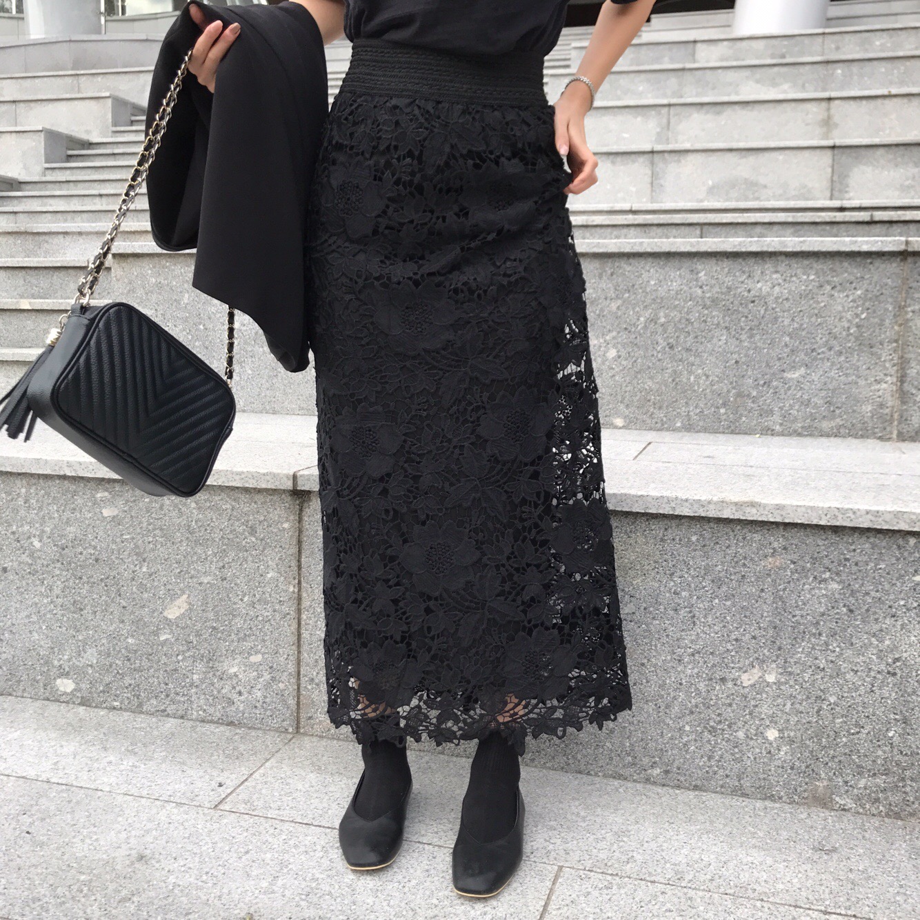 H line punching embroidery lace waist banding skir