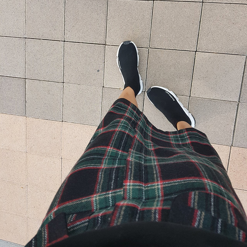 Winter wool check high waist long trunk pocket ski