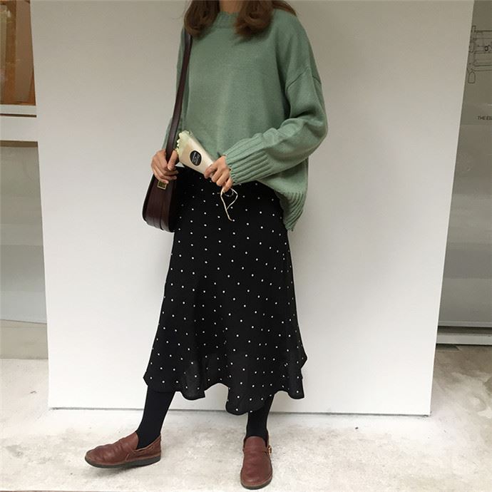 Black dot dot polka dots A line long flared skirt