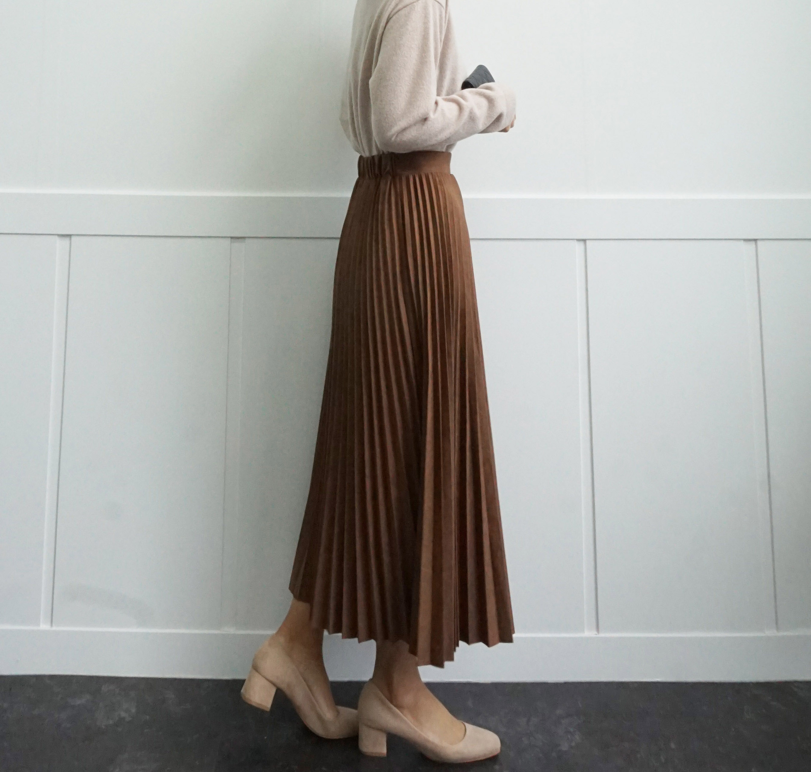 Suede pleated skirt pink, khaki brown, black long 