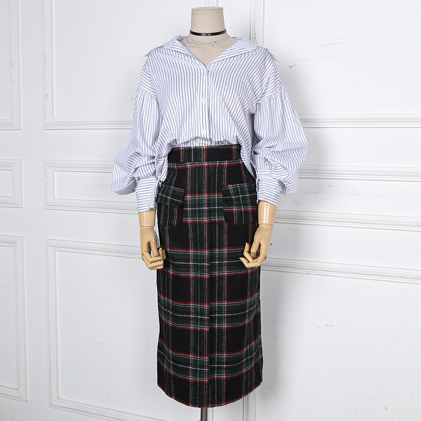 Winter wool check high waist long trunk pocket ski