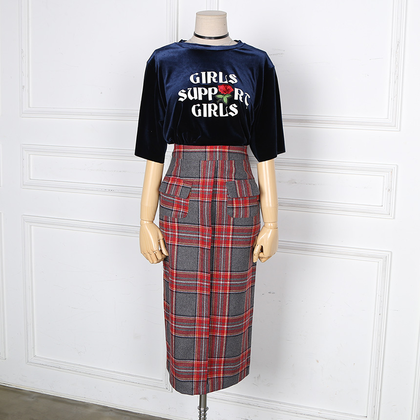 Winter wool check high waist long trunk pocket ski