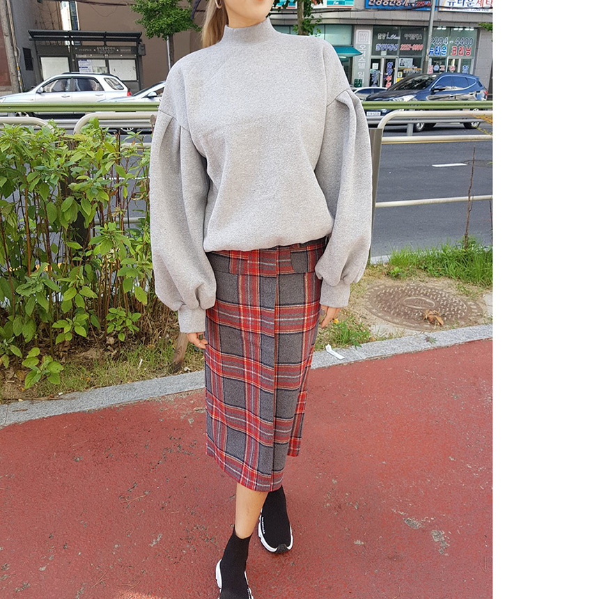Winter wool check high waist long trunk pocket ski