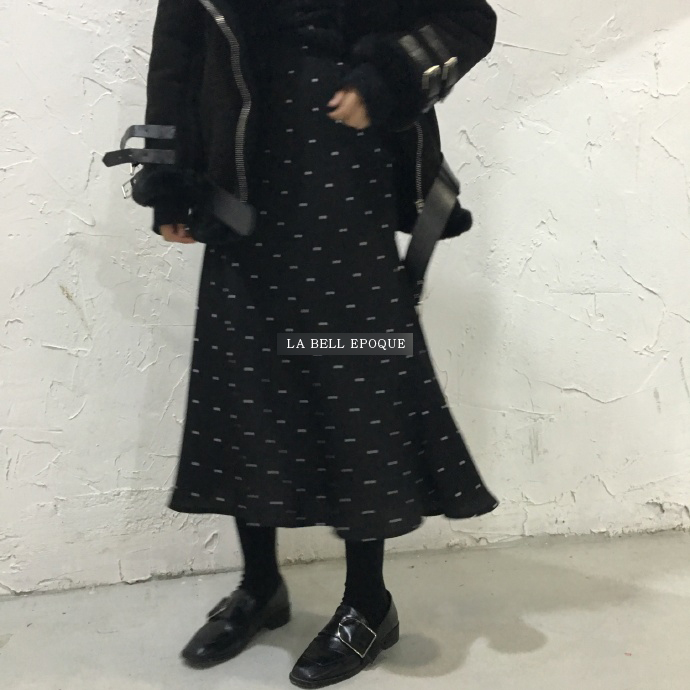 Black dot dot polka dots A line long flared skirt