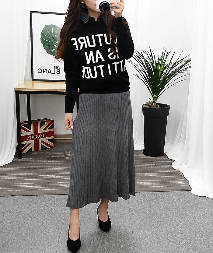 Flare Banding Knit Skirt Wrinkle Unlined Long Skir