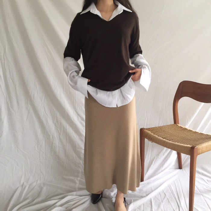 Winter a line knit skirt banding Long Beige Long B