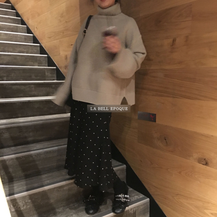 Black dot dot polka dots A line long flared skirt