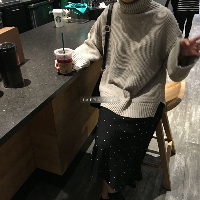 Black dot dot polka dots A line long flared skirt