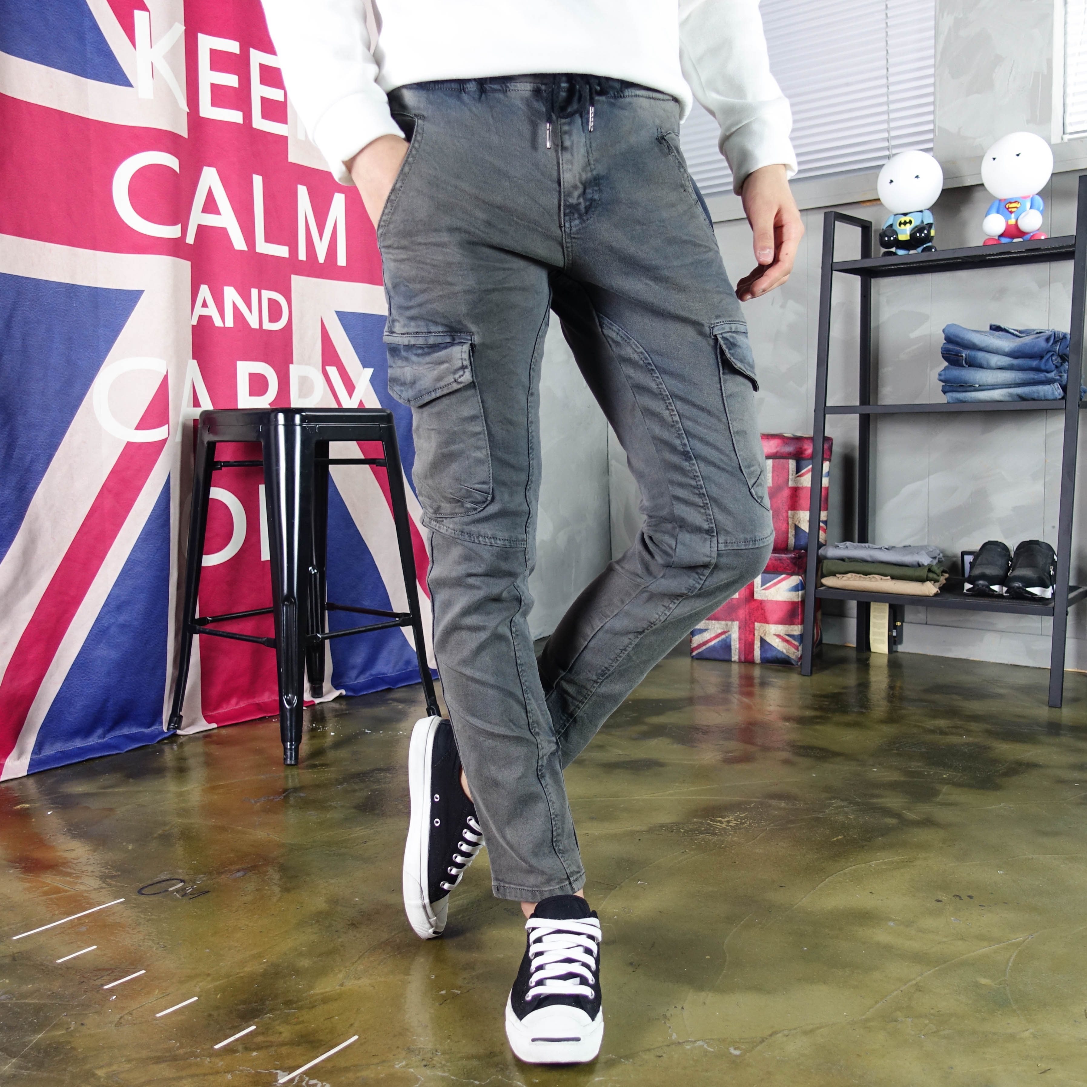 Korea Jeans Pants Wash Banding Cargo Denim Pants V