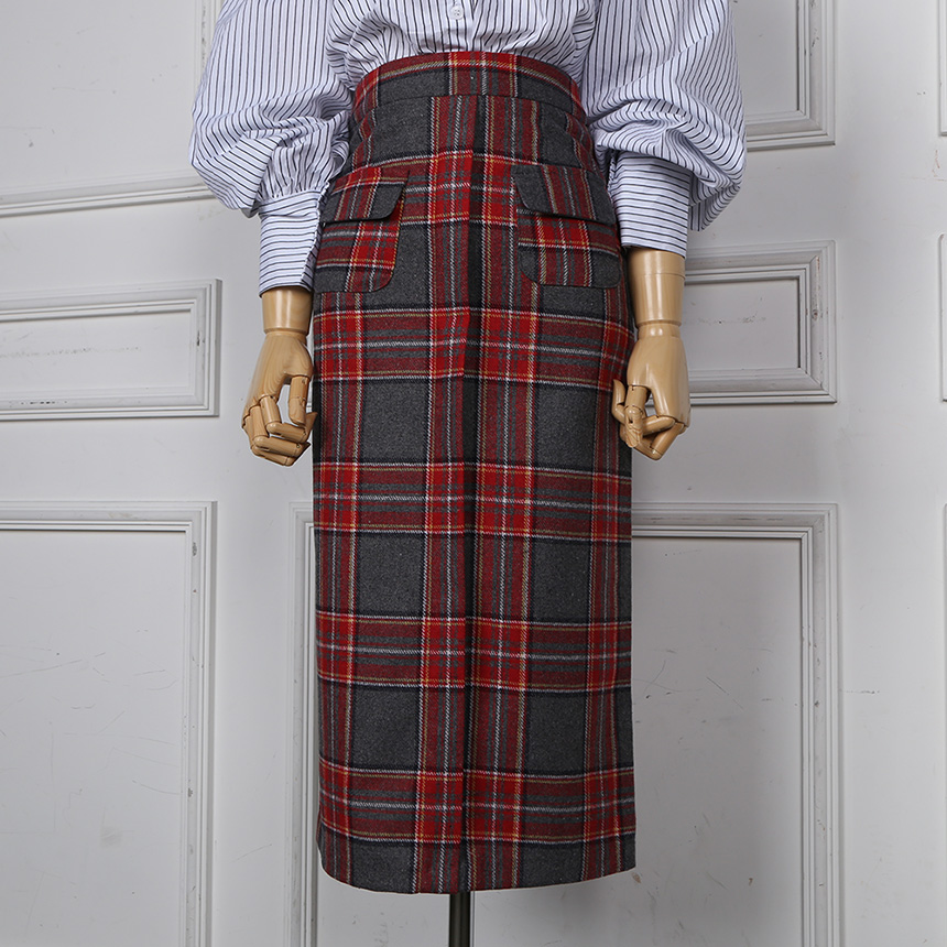 Winter wool check high waist long trunk pocket ski