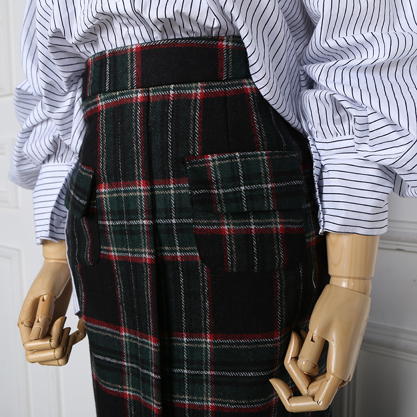 Winter wool check high waist long trunk pocket ski