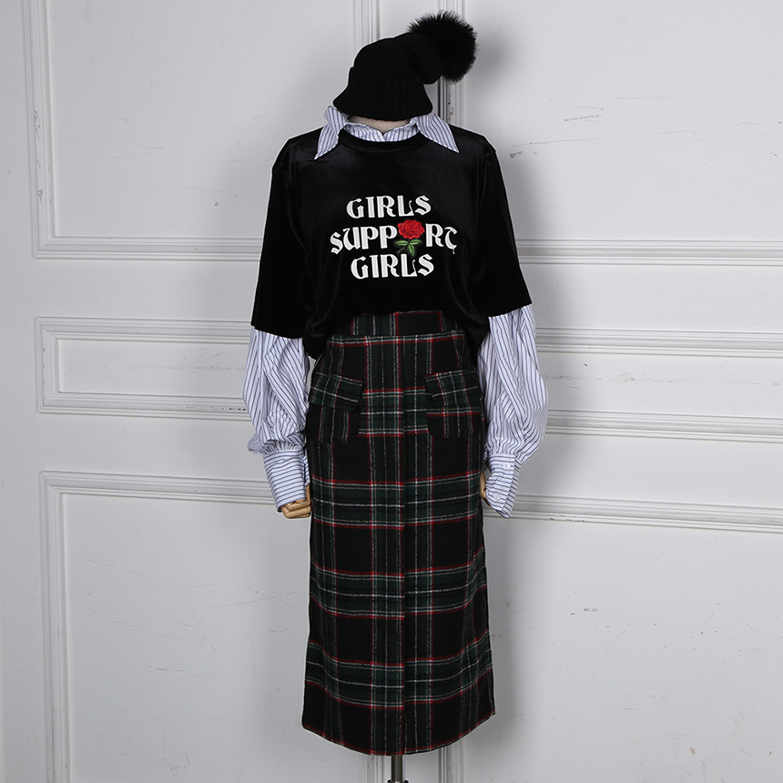 Winter wool check high waist long trunk pocket ski