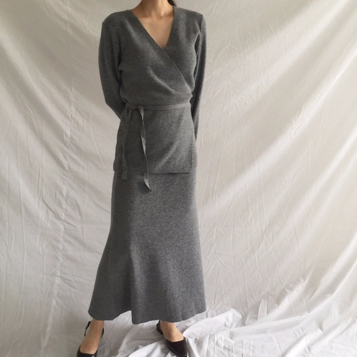 Winter a line knit skirt banding Long Beige Long B