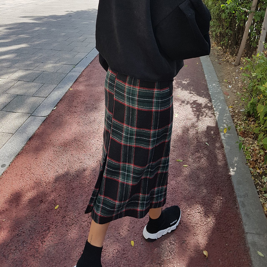 Winter wool check high waist long trunk pocket ski