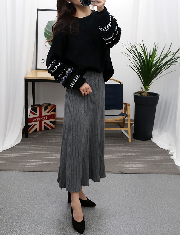 Flare Banding Knit Skirt Wrinkle Unlined Long Skir