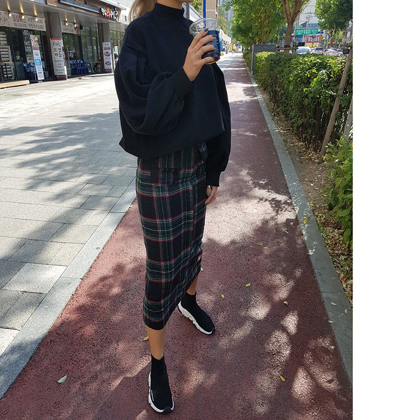 Winter wool check high waist long trunk pocket ski