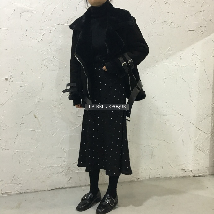 Black dot dot polka dots A line long flared skirt