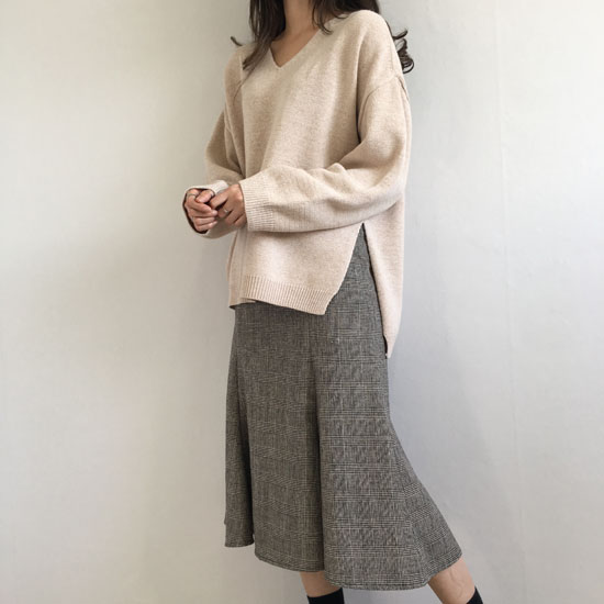 Wool blend check flare long skirt 2 color autumn w