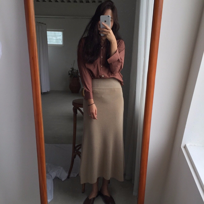 Winter a line knit skirt banding Long Beige Long B
