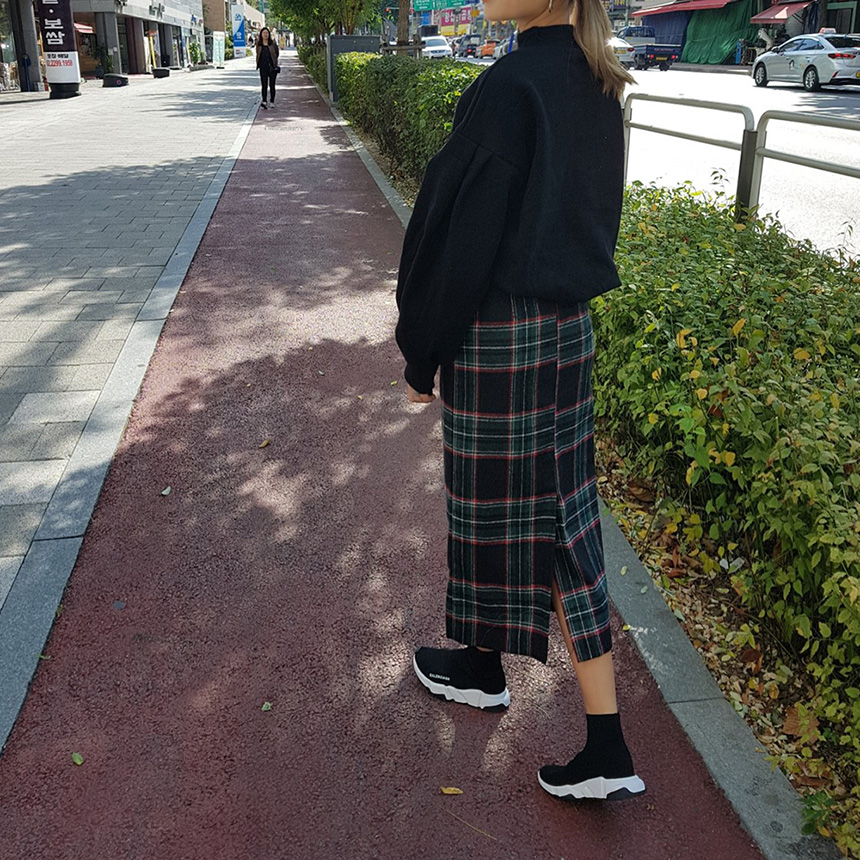 Winter wool check high waist long trunk pocket ski