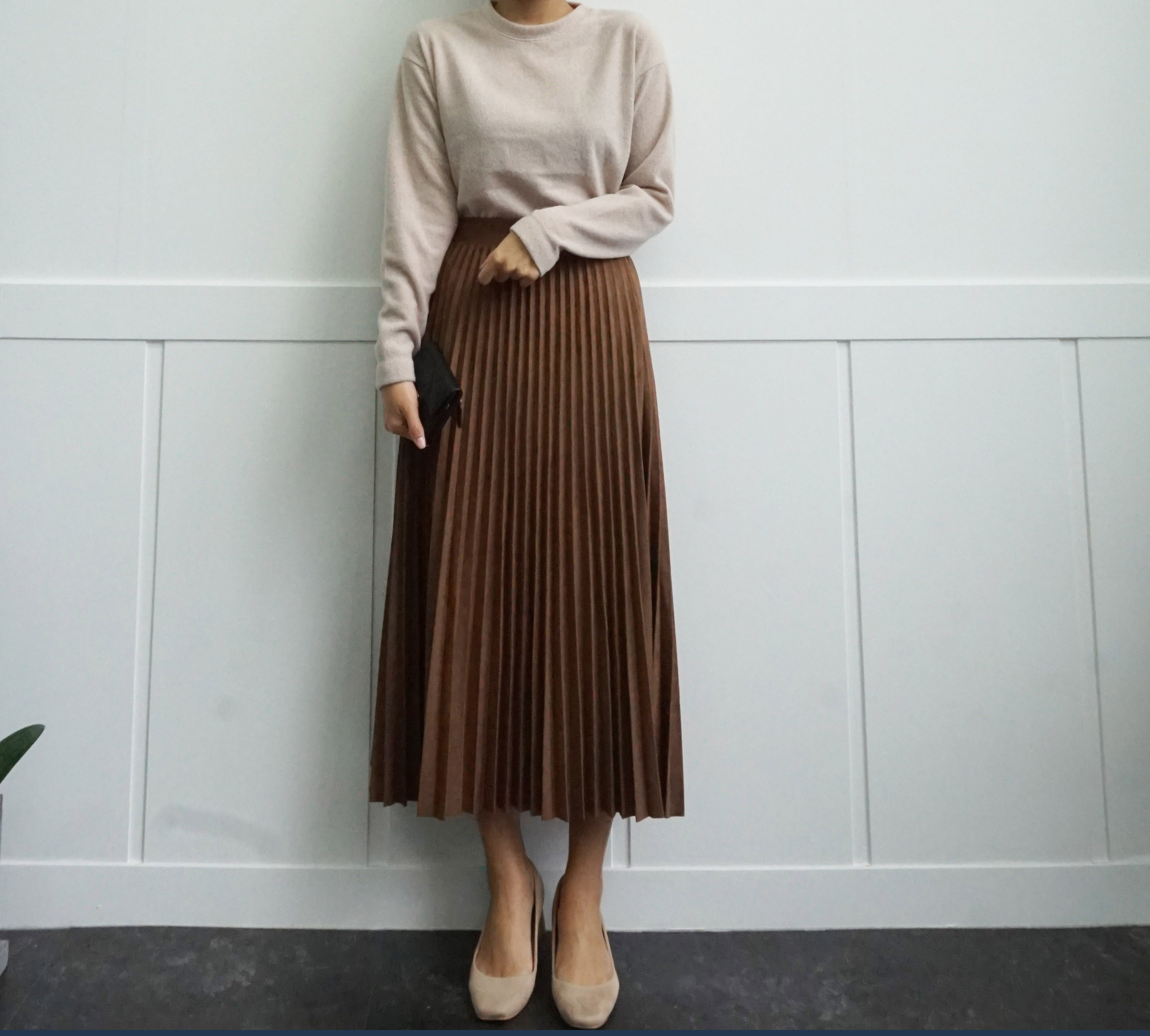 Suede pleated skirt pink, khaki brown, black long 