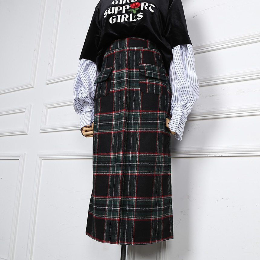 Winter wool check high waist long trunk pocket ski