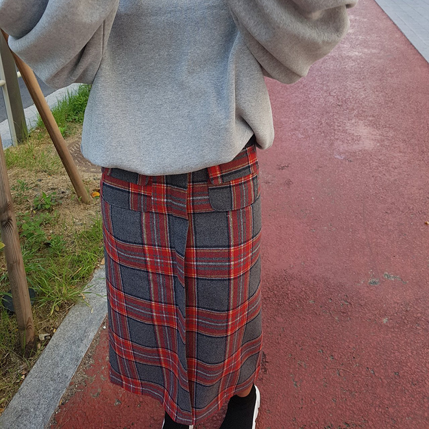 Winter wool check high waist long trunk pocket ski