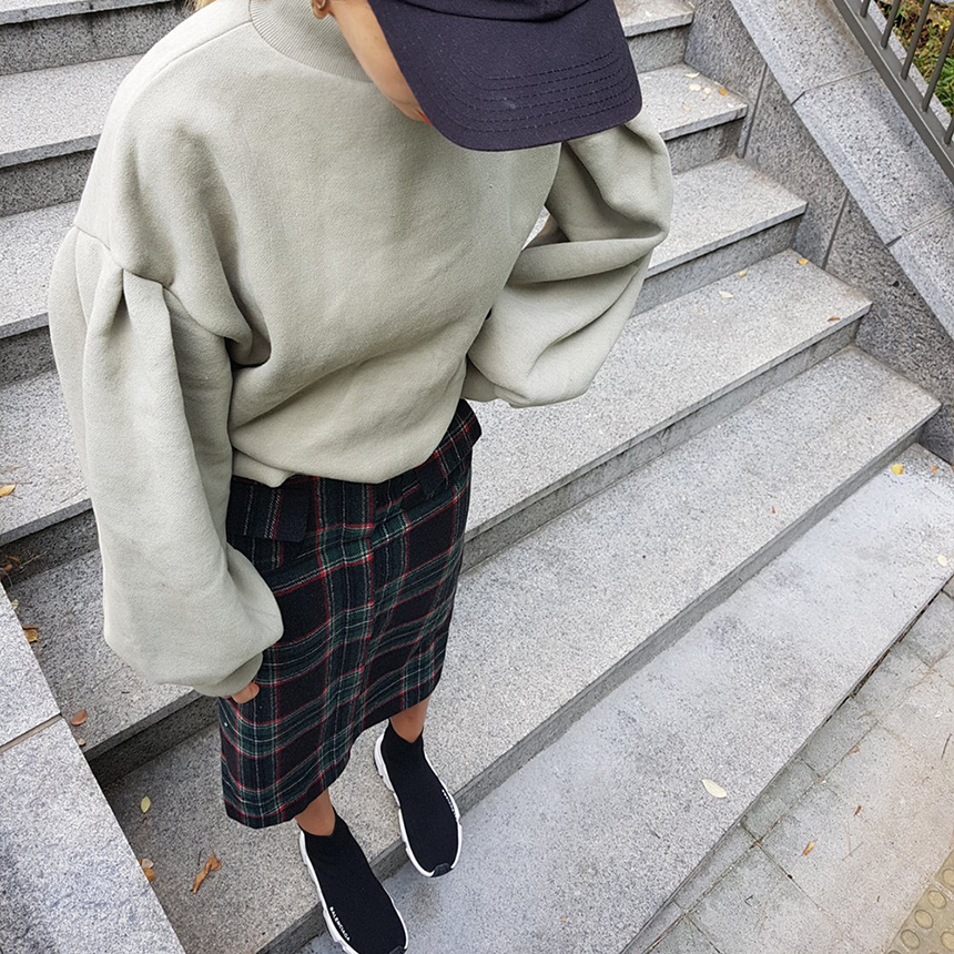 Winter wool check high waist long trunk pocket ski