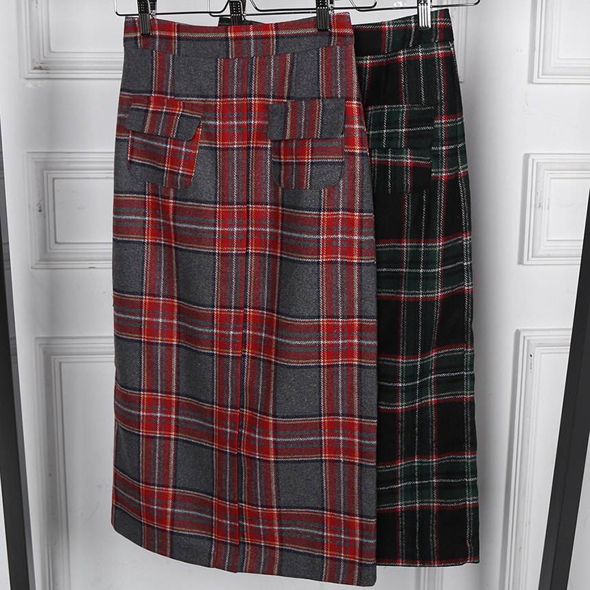 Winter wool check high waist long trunk pocket ski
