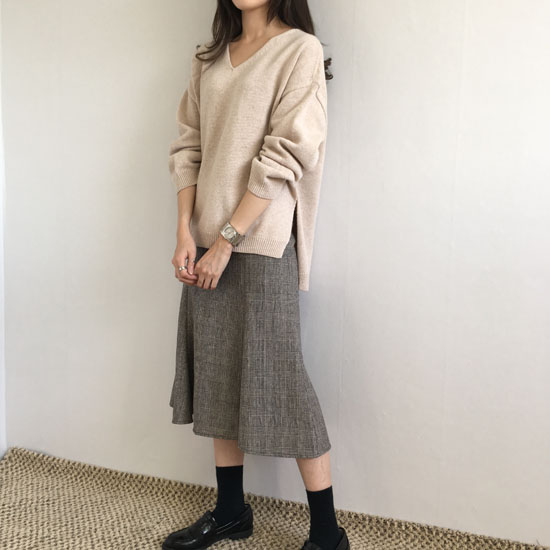 Wool blend check flare long skirt 2 color autumn w