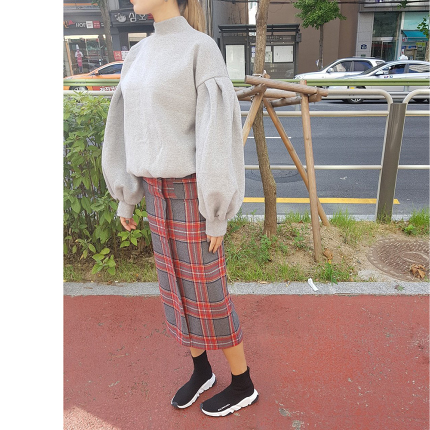 Winter wool check high waist long trunk pocket ski
