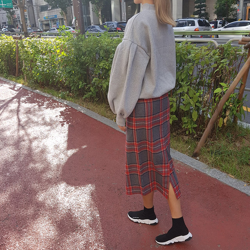 Winter wool check high waist long trunk pocket ski
