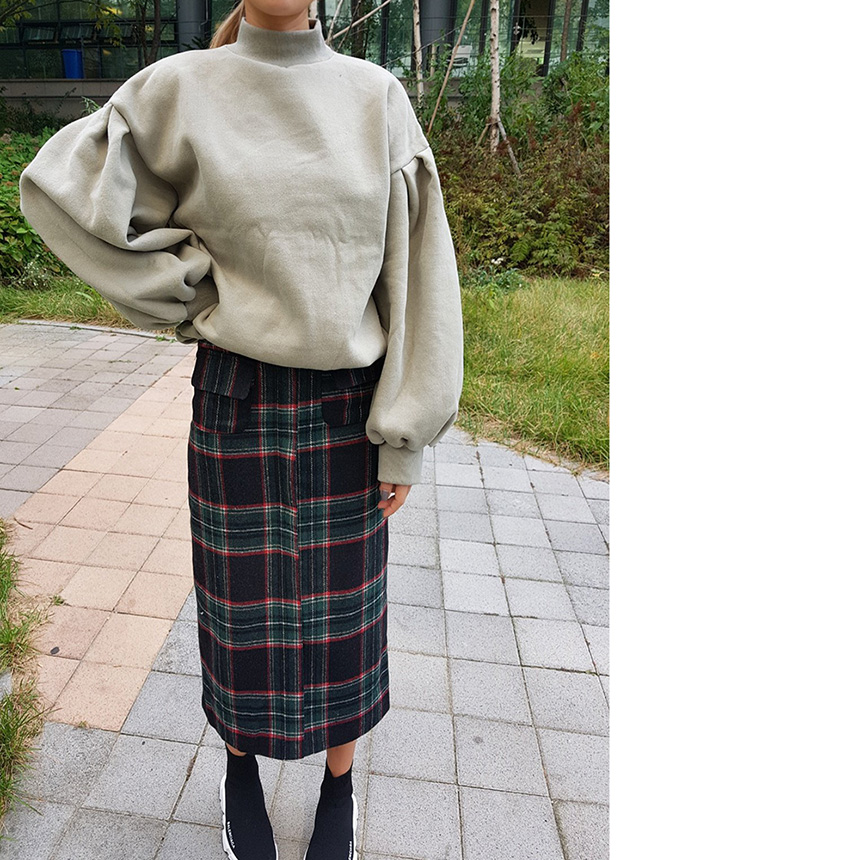 Winter wool check high waist long trunk pocket ski