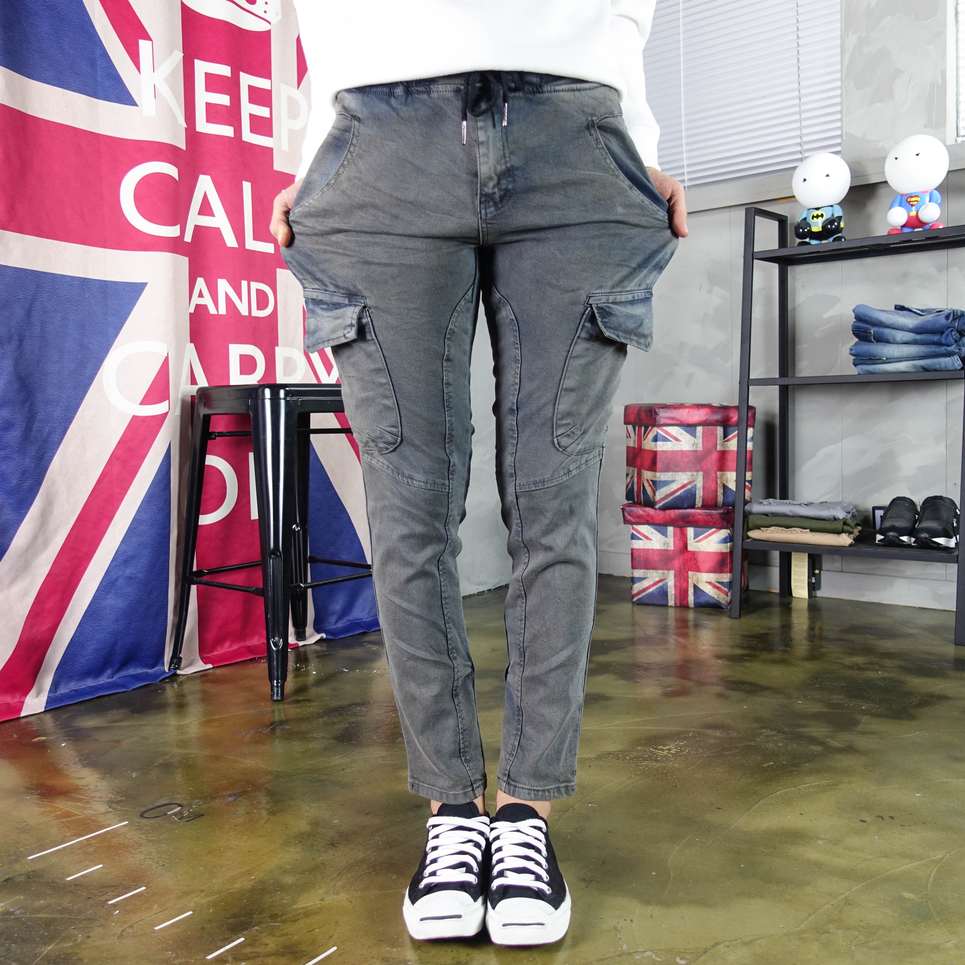 Korea Jeans Pants Wash Banding Cargo Denim Pants V