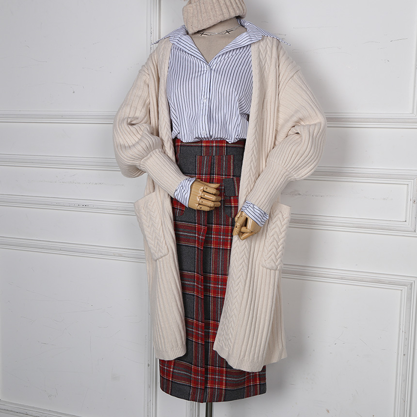 Winter wool check high waist long trunk pocket ski