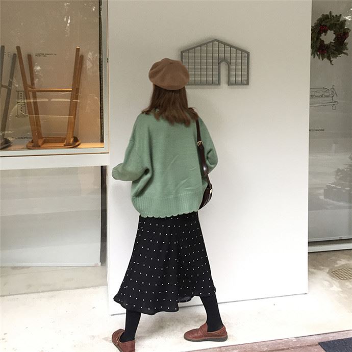 Black dot dot polka dots A line long flared skirt