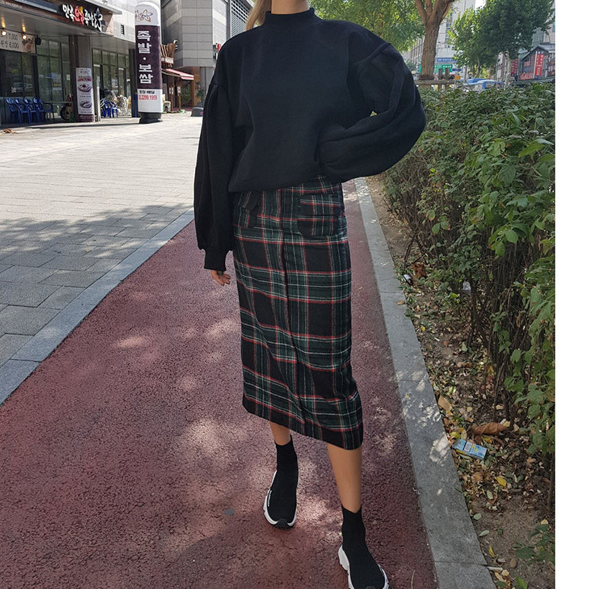 Winter wool check high waist long trunk pocket ski