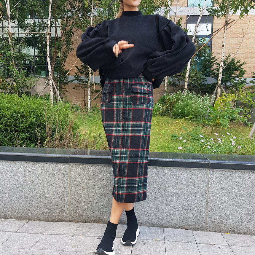 Winter wool check high waist long trunk pocket ski