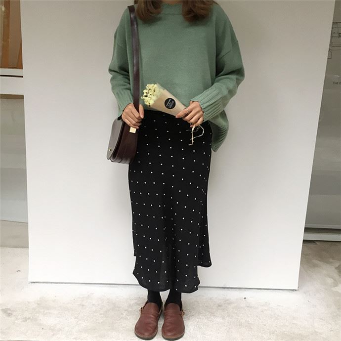 Black dot dot polka dots A line long flared skirt