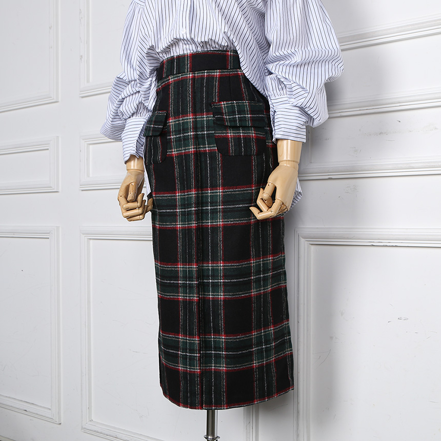 Winter wool check high waist long trunk pocket ski