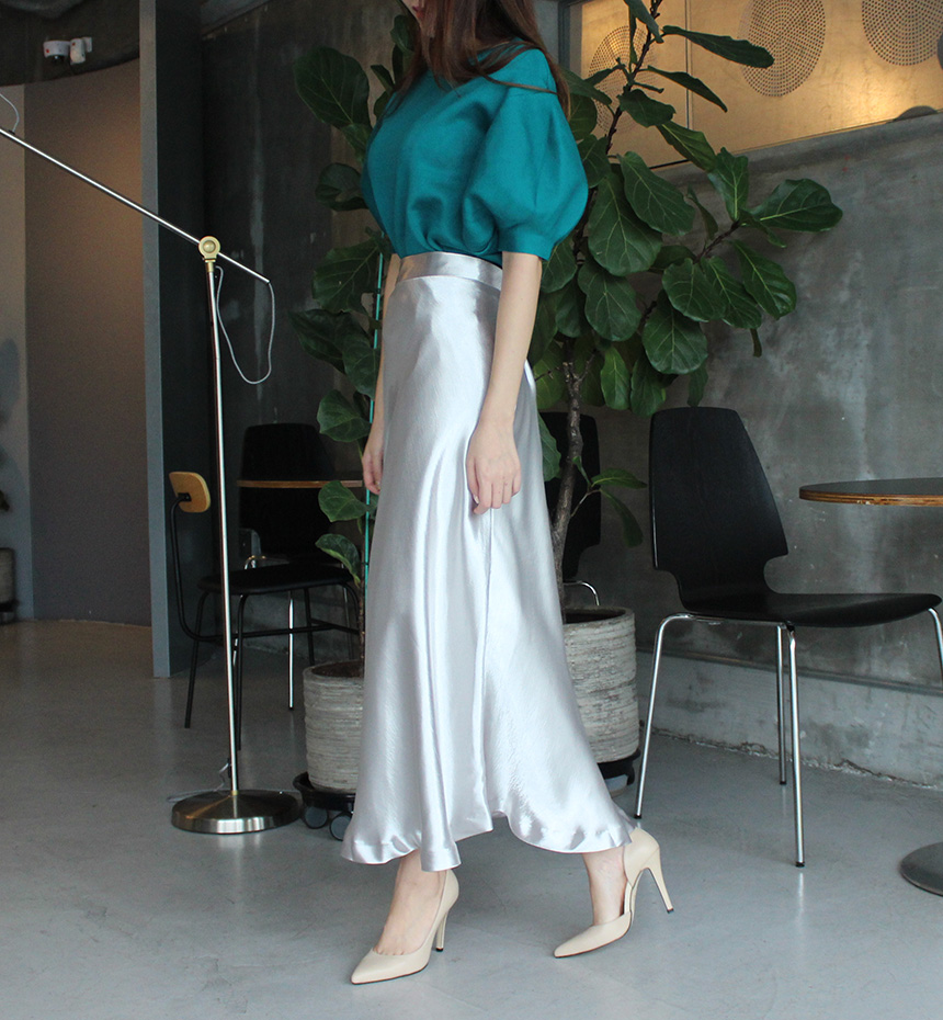 Silk Satin Flare Long Skirt Blue, Silver, Hepburn 