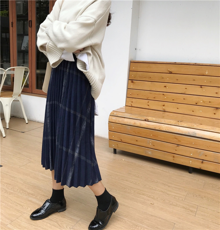 Check Banding Long Wool Pleated Pleated Skirt 2col