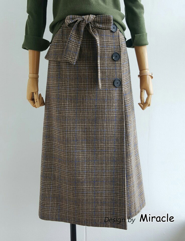 Wang Button Strap Belt Check Long Skirt 2color woo
