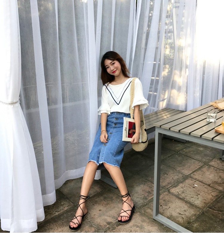 Button-denim long skirt Women's style Casual H-