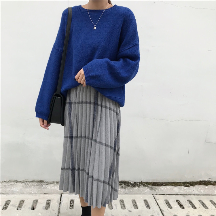 Check Banding Long Wool Pleated Pleated Skirt 2col