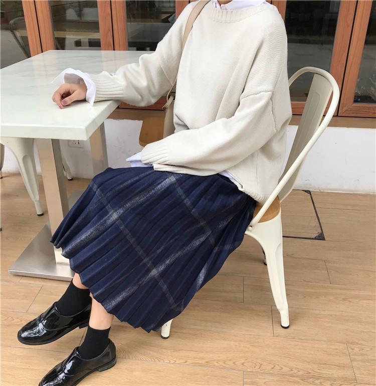 Check Banding Long Wool Pleated Pleated Skirt 2col